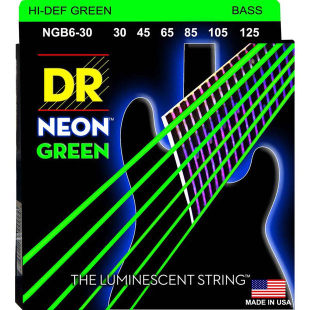 DR Strings NGB6-30 (Medium 6's) - Hi-Def NEON GREEN: Coated Bass Strings: 30, 45, 65, 85, 105, 125