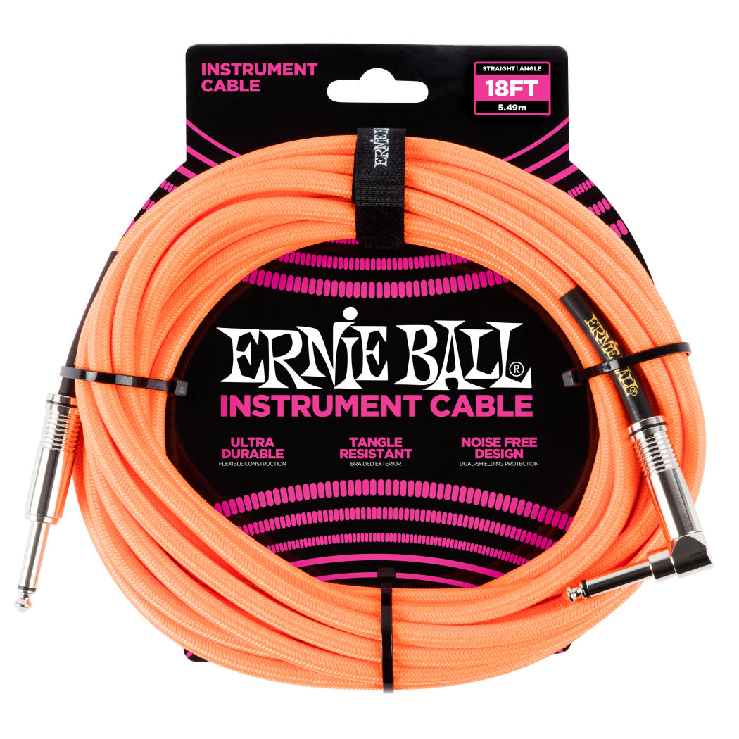 Ernie Ball Braided Instrument Cable Straight/Angle 18’ - Neon Orange