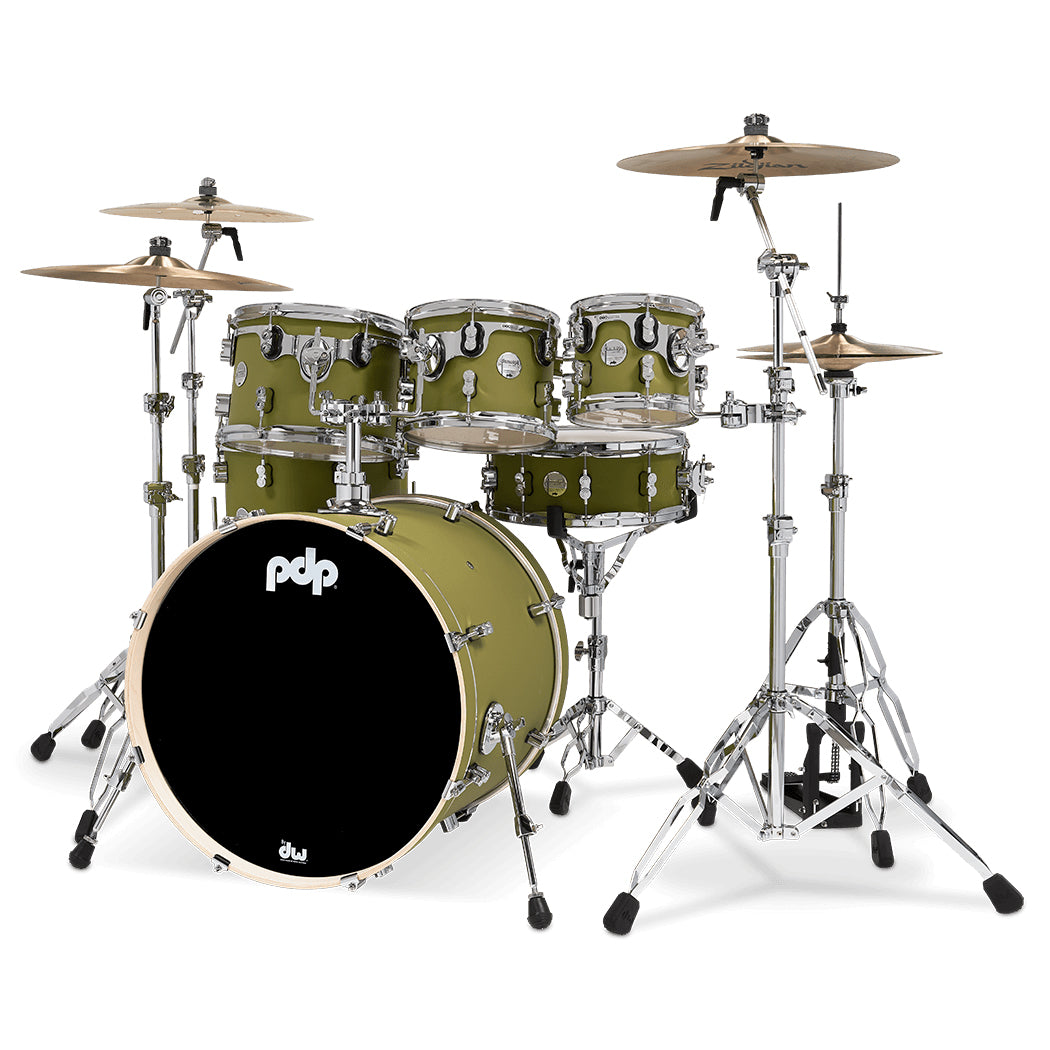 PDP Concept Maple Finish Ply CM7 7-Piece Kit Shell Pack w/ Chrome Hardware (18x22 w/ BDM, 7x8, 8x10, 9x12, 12x14FT, 14x16FT, 5.5x14 Snare) - Satin Olive