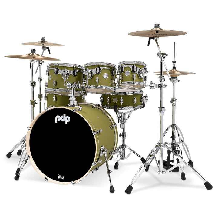 PDP Concept Maple Finish Ply CM7 7-Piece Kit Shell Pack w/ Chrome Hardware (18x22 w/ BDM, 7x8, 8x10, 9x12, 12x14FT, 14x16FT, 5.5x14 Snare) - Satin Olive