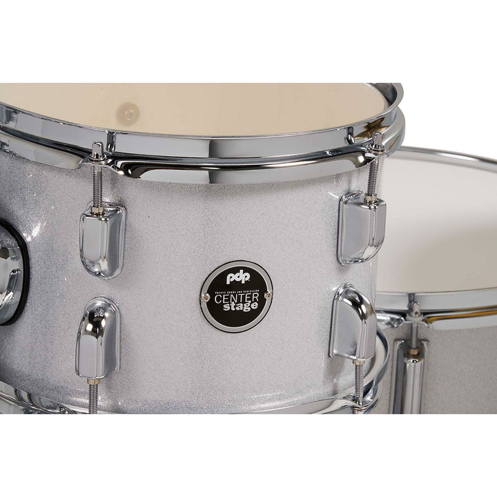PDP Center Stage 5-Piece Complete Drum Kit w/ Hardware, Cymbals & Throne (7x10, 8x12, 14x16F, 16x22, 5x14 Snare) - Diamond White Sparkle