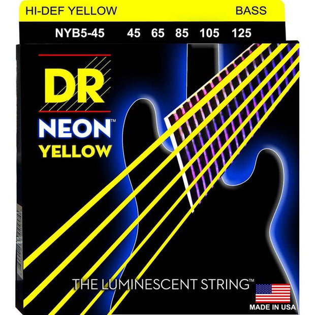 DR Strings NYB5-45 (Medium 5's) - Hi-Def NEON YELLOW: Coated Bass Strings: 45, 65, 85, 105, 125