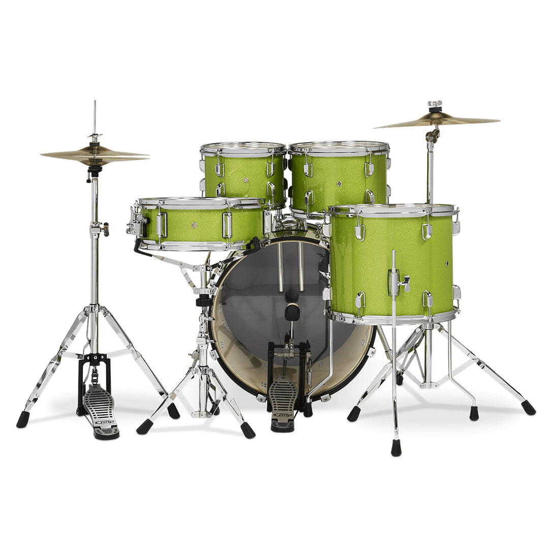 PDP Center Stage 5-Piece Complete Drum Kit w/ Hardware, Cymbals & Throne (7x10, 8x12, 12x14F, 14x20, 5x14 Snare) - Electric Green Sparkle