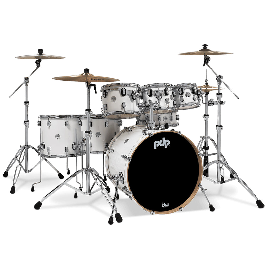 PDP Concept Maple Lacquer CM7 7-Piece Kit Shell Pack w/ Chrome Hardware (18x22 w/ BDM, 7x8, 8x10, 9x12, 12x14FT, 14x16FT, 5.5x14 Snare) - Pearlescent White