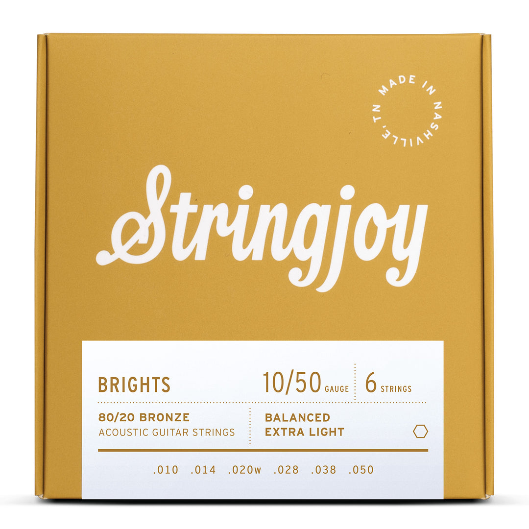 Stringjoy Brights | Extra Light Gauge (10-50) 80/20 Bronze Acoustic Guitar Strings