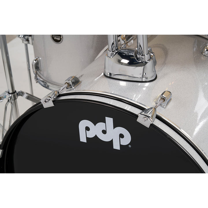 PDP Center Stage 5-Piece Complete Drum Kit w/ Hardware, Cymbals & Throne (7x10, 8x12, 12x14F, 14x20, 5x14 Snare) - Diamond White Sparkle