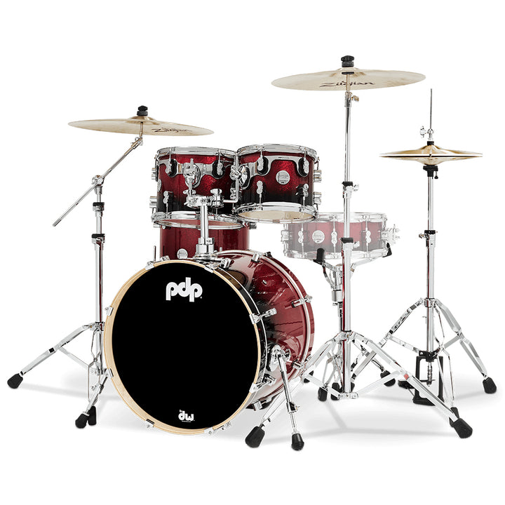PDP Concept Maple Lacquer CM Fusion Kit Shell Pack w/ Chrome Hardware (16x20 w/ BDM, 8x10, 9x12, 14x14FT) - Red to Black Fade