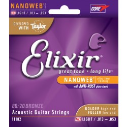 Elixir 11182 Acoustic Guitar String Nanoweb Coated HD LT 80/20 Bronze 13-53