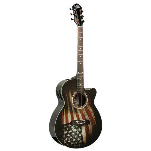 Oscar Schmidt OG10CEFLAG-A Acoustic Guitar Concert Size Thin Body USA Flag Decal