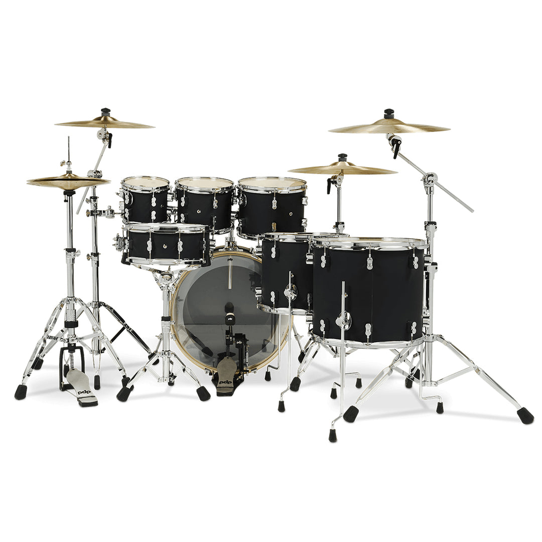 PDP Concept Maple Finish Ply CM7 7-Piece Kit Shell Pack w/ Chrome Hardware (18x22 w/ BDM, 7x8, 8x10, 9x12, 12x14FT, 14x16FT, 5.5x14 Snare) - Satin Black