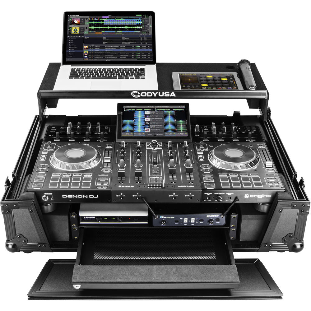 Odyssey FZGSPRIME4W2 Flight Zone Glide Style Case for Denon DJ Prime 4 w/ Laptop Platform and 2U Rack - Black Label