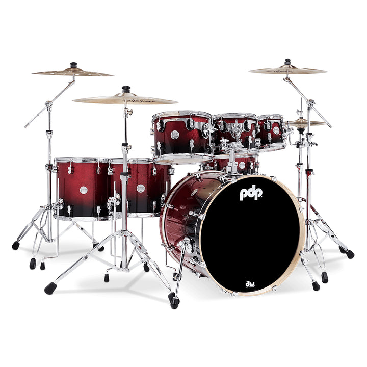 PDP Concept Maple Lacquer CM7 7-Piece Kit Shell Pack w/ Chrome Hardware (18x22 w/ BDM, 7x8, 8x10, 9x12, 12x14FT, 14x16FT, 5.5x14 Snare) - Red to Black Fade