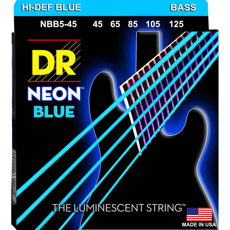 DR Strings NBB5-45 (Medium 5's) - Hi-Def NEON BLUE: Coated Bass Strings: 45, 65, 85, 105, 125