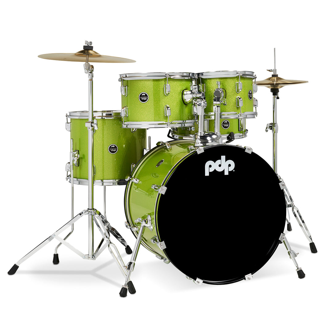 PDP Center Stage 5-Piece Complete Drum Kit w/ Hardware, Cymbals & Throne (7x10, 8x12, 12x14F, 14x20, 5x14 Snare) - Electric Green Sparkle