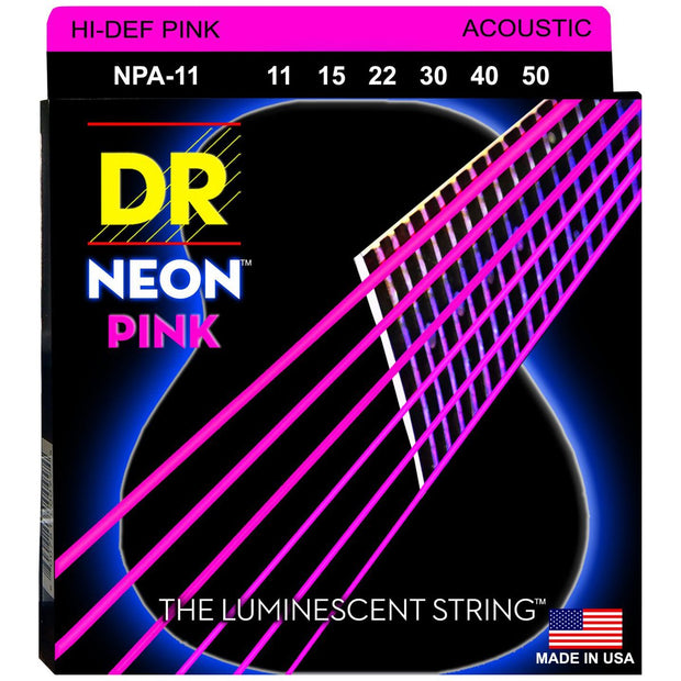 DR Strings NPA-11 (Custom Light) - Hi-Def NEON PINK: Coated Acoustic: 11, 15, 22, 30, 40, 50