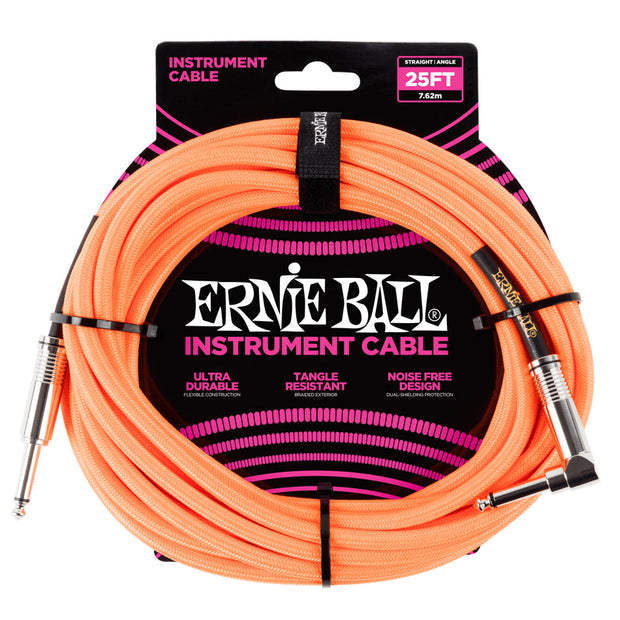 Ernie Ball Braided Instrument Cable Straight/Angle 25’ - Neon Orange