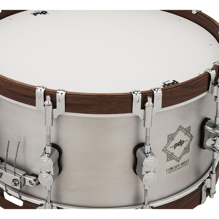 PDP Concept Select 6.5x14 Snare Drum 3mm Seamless Aluminum with Walnut Wood Hoops & Chrome Hardware