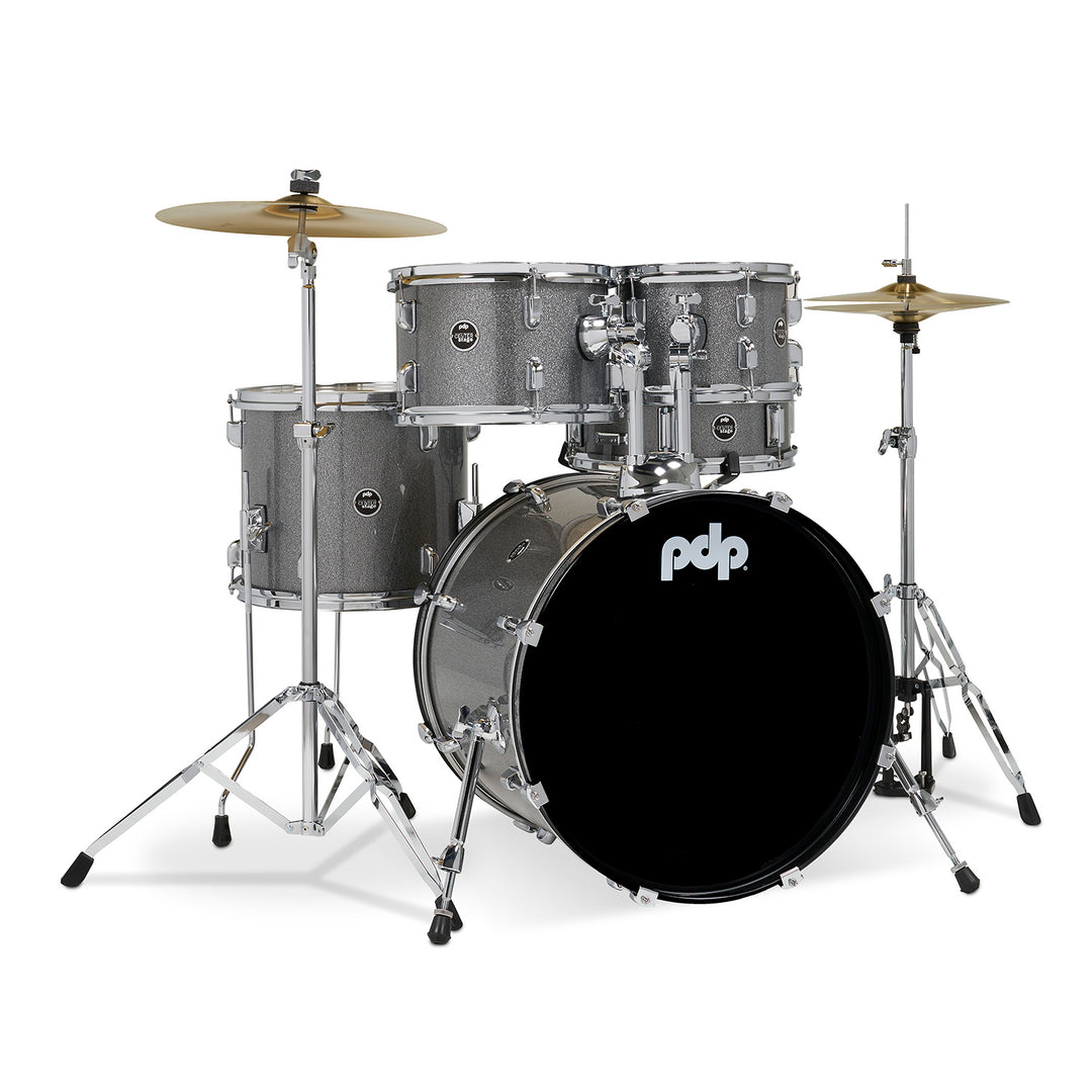 PDP PDCE2015KTSS 5 Piece Center Stage Series Complete Acoustic Drum Kit w/ 20" Kick, Hardware, Cymbals, and Throne - Silver Sparkle