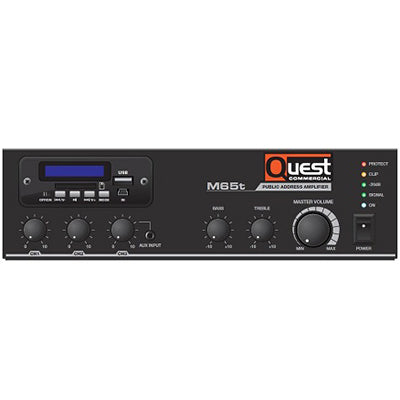Quest 65W Mixer Amplifier 4Ω, 8Ω or 25V/70V with Built-in Bluetooth, FM Tuner and Media Player