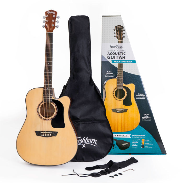 Washburn AD5CEPACK-A Apprentice Dreadnought Pack w/Cutaway/Bag/Strap/Picks,Natural Spruce Top, Mahogany Back & Sides