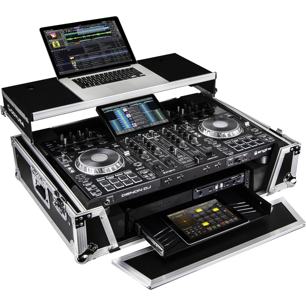 Odyssey FZGSPRIME4W2 Flight Zone Glide Style Case for Denon DJ Prime 4 w/ Laptop Platform and 2U Rack