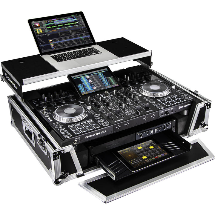 Odyssey FZGSPRIME4W2 Flight Zone Glide Style Case for Denon DJ Prime 4 w/ Laptop Platform and 2U Rack