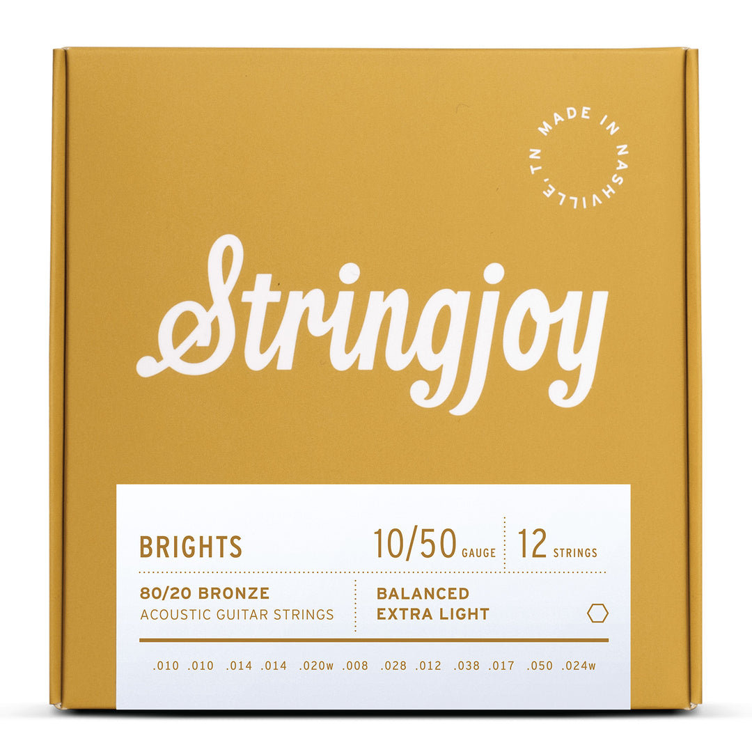Stringjoy Brights | 12 String Extra Light Gauge (10-50) 80/20 Bronze Acoustic Guitar Strings