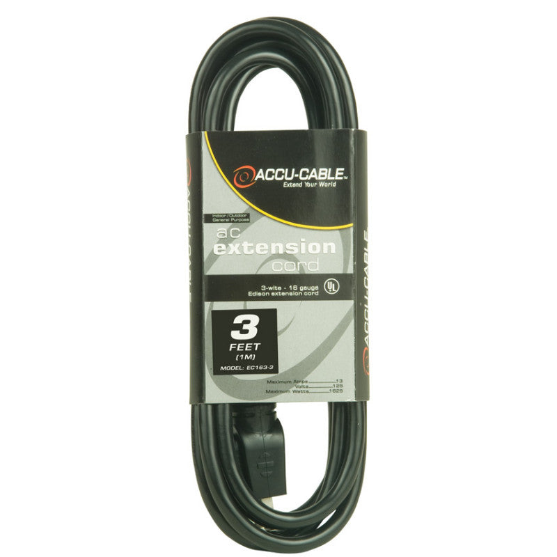 Accu-Cable AC Power Extension Cable 16-Gauge Black 3 Feet