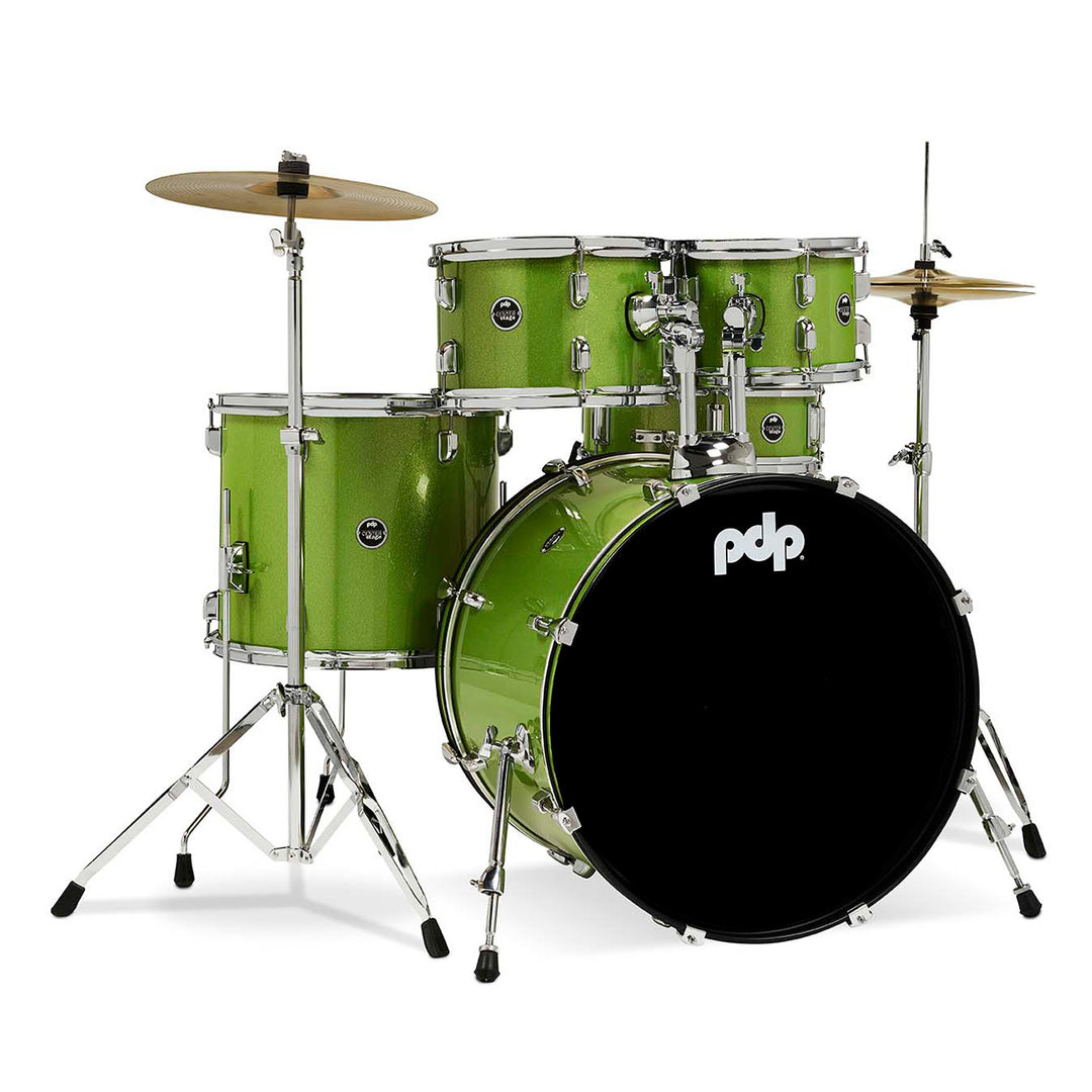 PDP Center Stage 5-Piece Complete Drum Kit w/ Hardware, Cymbals & Throne (7x10, 8x12, 14x16F, 16x22, 5x14 Snare) - Electric Green Sparkle