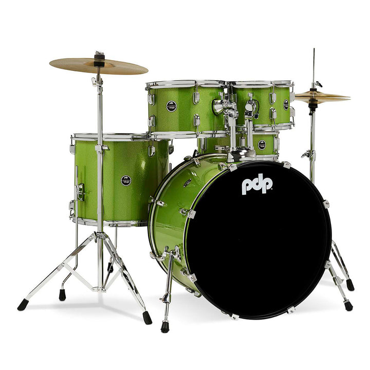 PDP Center Stage 5-Piece Complete Drum Kit w/ Hardware, Cymbals & Throne (7x10, 8x12, 14x16F, 16x22, 5x14 Snare) - Electric Green Sparkle