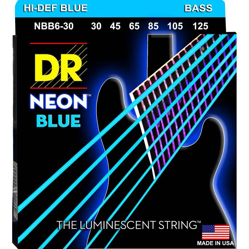 DR Strings NBB6-30 (Medium 6's) - Hi-Def NEON BLUE: Coated Bass Strings: 30, 45, 65, 85, 105, 125