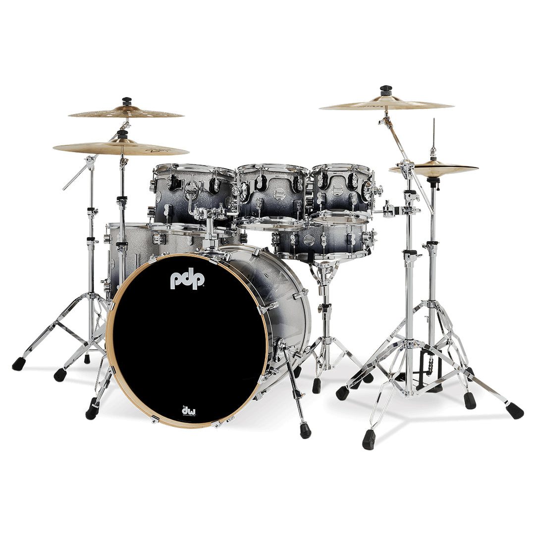 PDP Concept Maple Lacquer CM7 7-Piece Kit Shell Pack w/ Chrome Hardware (18x22 w/ BDM, 7x8, 8x10, 9x12, 12x14FT, 14x16FT, 5.5x14 Snare) - Silver to Black Fade
