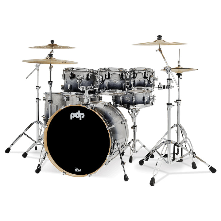 PDP Concept Maple Lacquer CM7 7-Piece Kit Shell Pack w/ Chrome Hardware (18x22 w/ BDM, 7x8, 8x10, 9x12, 12x14FT, 14x16FT, 5.5x14 Snare) - Silver to Black Fade