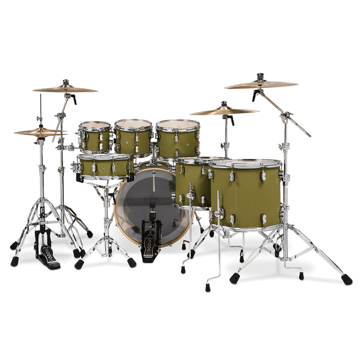 PDP Concept Maple Finish Ply CM7 7-Piece Kit Shell Pack w/ Chrome Hardware (18x22 w/ BDM, 7x8, 8x10, 9x12, 12x14FT, 14x16FT, 5.5x14 Snare) - Satin Olive