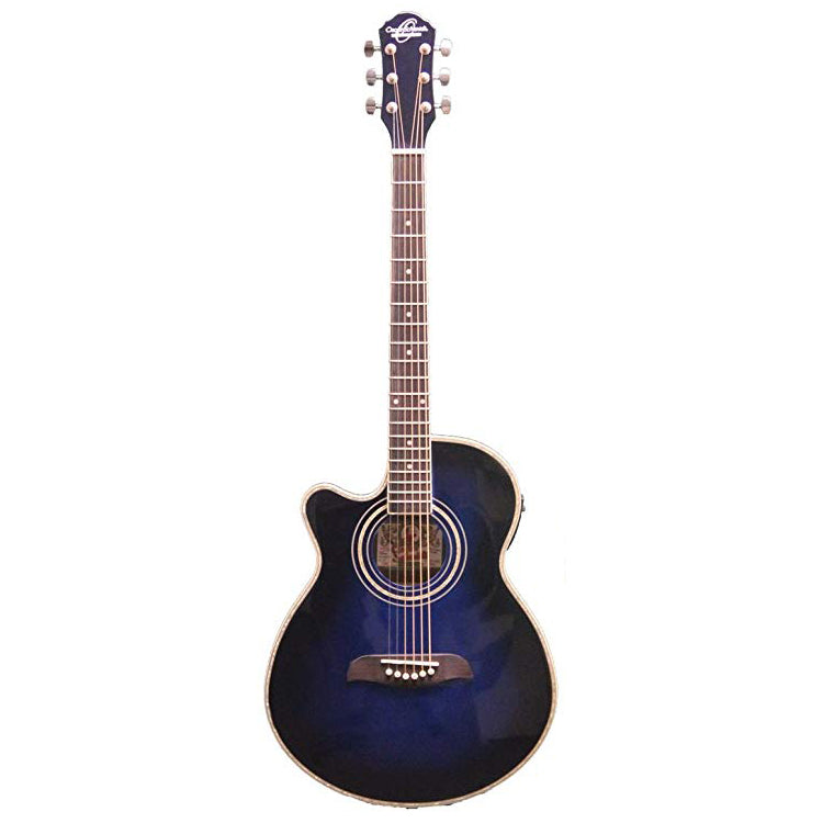 Oscar Schmidt OG10CEFTBLLH-A Acoustic Guitar Lefty Concert Size Thin Body Flame Trans Blue Barcus Berry EQ4T