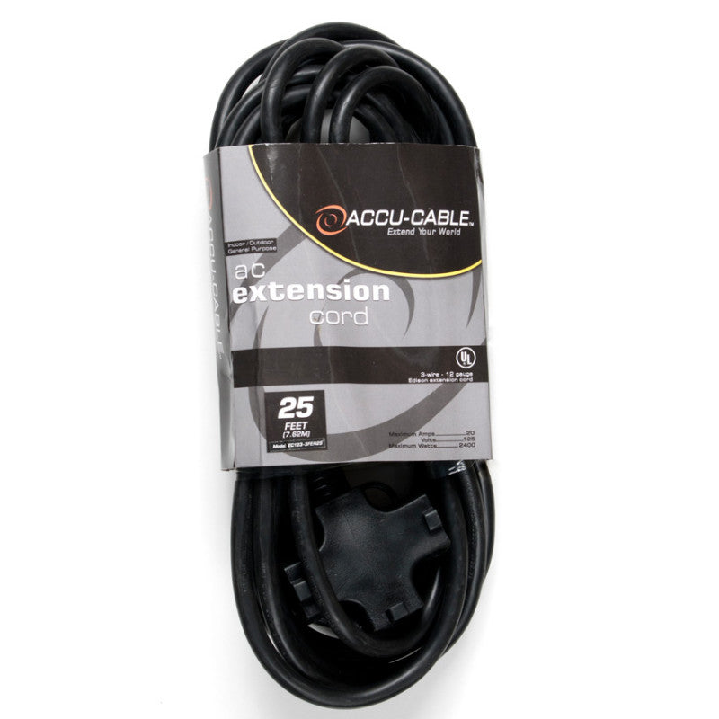 Accu-Cable AC Power 3-Outlet Extension Cable 12-Gauge Black 25 Feet