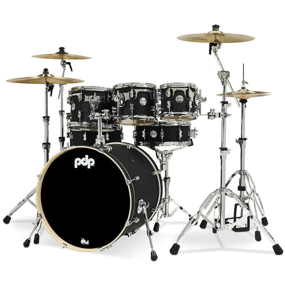 PDP Concept Maple Finish Ply CM7 7-Piece Kit Shell Pack w/ Chrome Hardware (18x22 w/ BDM, 7x8, 8x10, 9x12, 12x14FT, 14x16FT, 5.5x14 Snare) - Satin Black