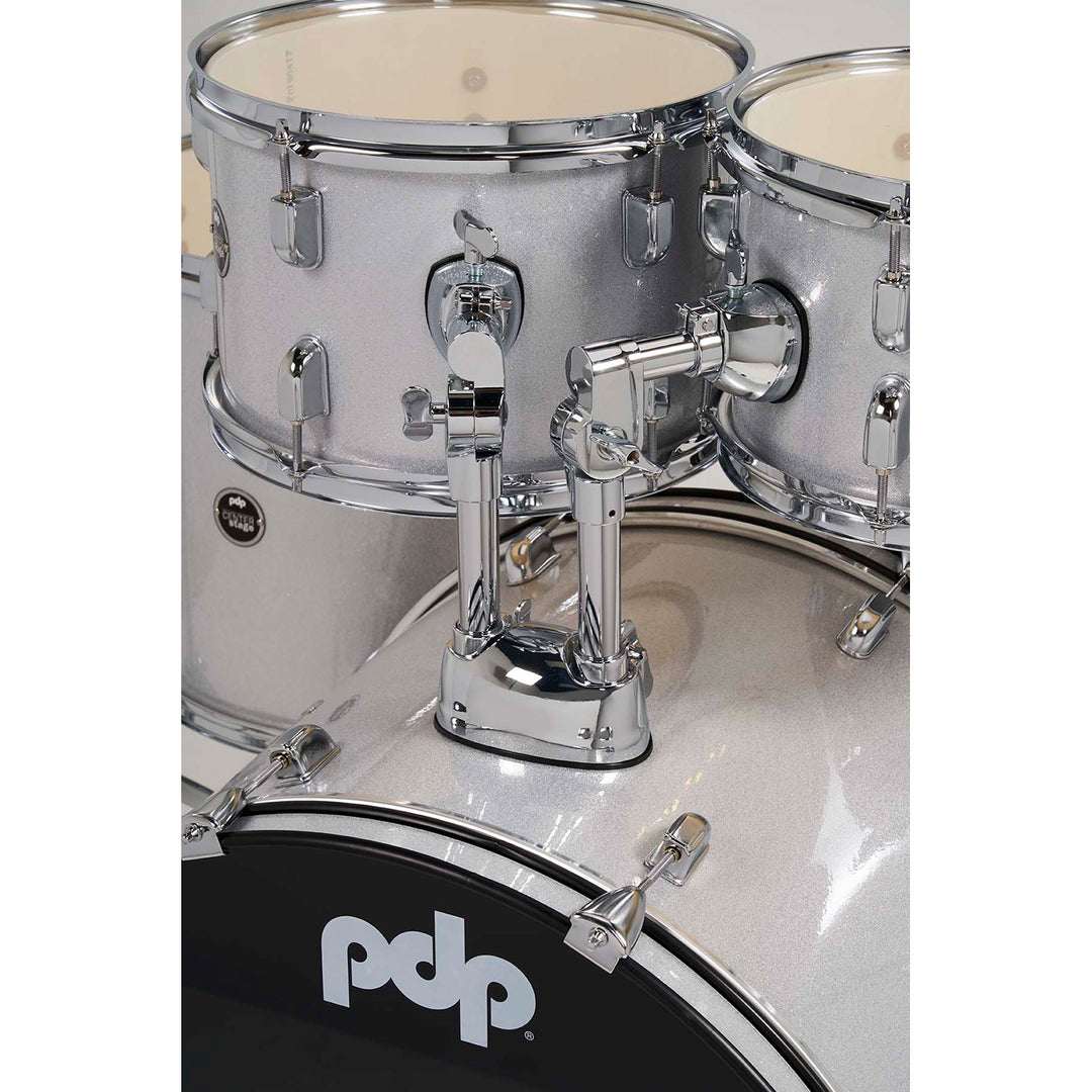 PDP Center Stage 5-Piece Complete Drum Kit w/ Hardware, Cymbals & Throne (7x10, 8x12, 14x16F, 16x22, 5x14 Snare) - Diamond White Sparkle