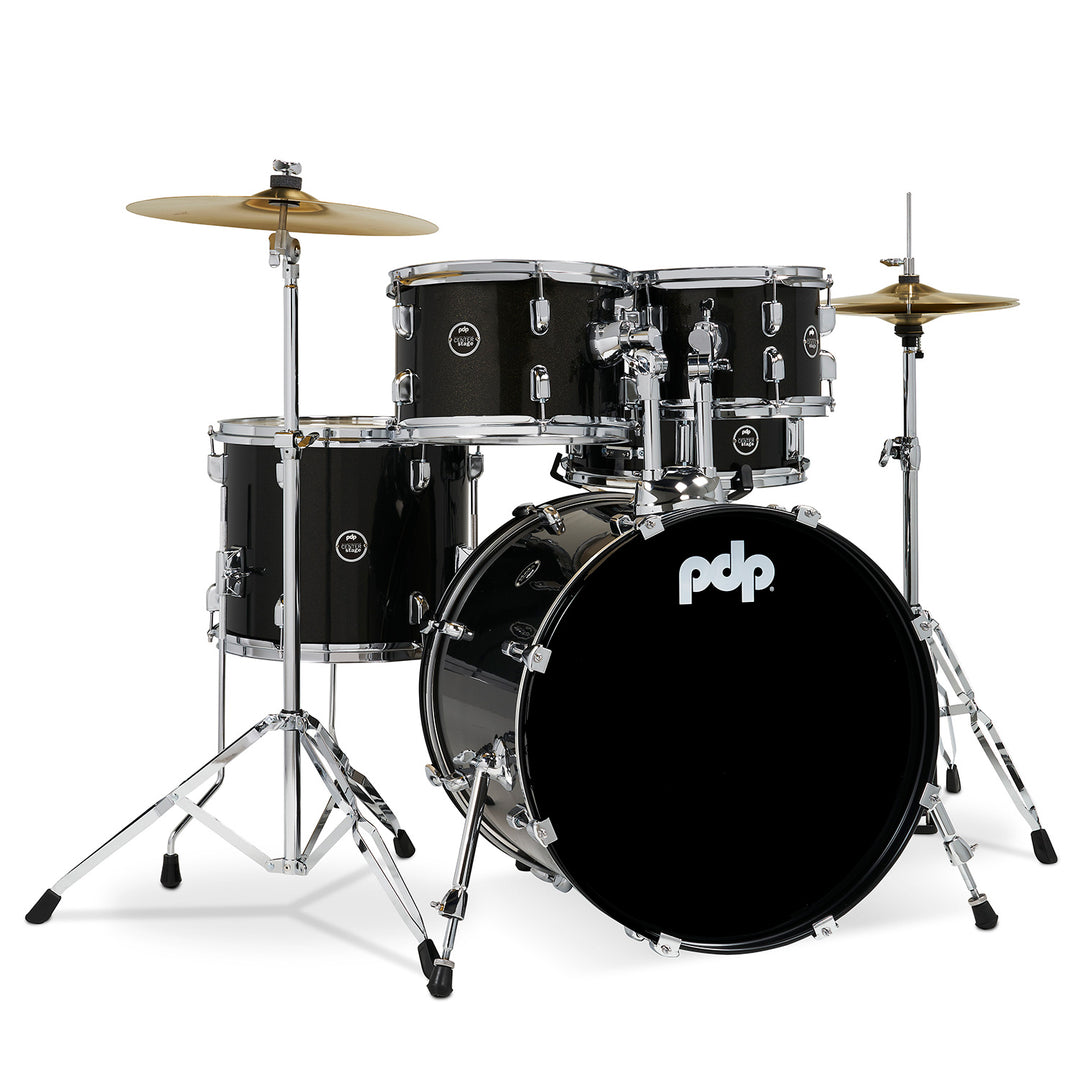 PDP Center Stage 5-Piece Complete Drum Kit w/ Hardware, Cymbals & Throne (7x10, 8x12, 12x14F, 14x20, 5x14 Snare) - Iridescent Black Sparkle