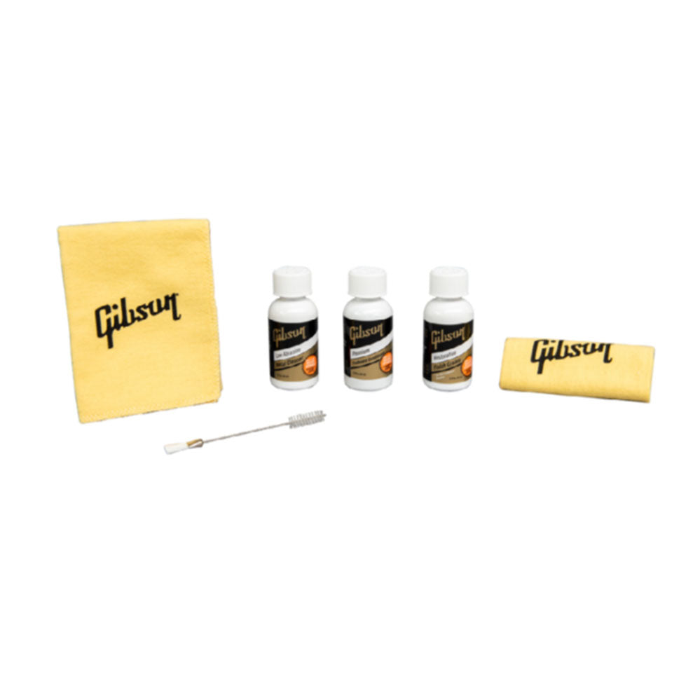 Gibson Vintage Restoration Kit - Low Abrasion metal cleaner, Premium Fretboard conditioner, Nitrocellulose Guitar Polish, two Gibson Polishing cloths, Metal Cleaner Application brush