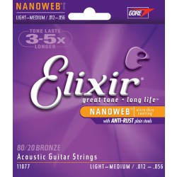 Elixir 11077 Acoustic Guitar 6 String NANOWEB Coated Light/Medium .012 - .056