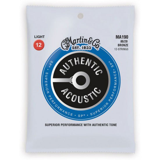 Martin MA190 Authentic Acoustic Superior Performance 80/20 Bronze Guitar Strings - Light 12-String