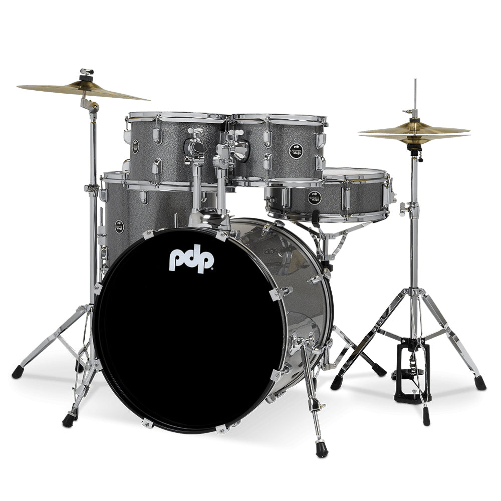 PDP PDCE2015KTSS 5 Piece Center Stage Series Complete Acoustic Drum Kit w/ 20" Kick, Hardware, Cymbals, and Throne - Silver Sparkle