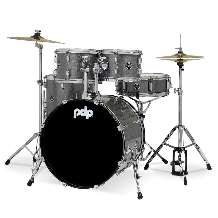 PDP PDCE2015KTSS 5 Piece Center Stage Series Complete Acoustic Drum Kit w/ 20" Kick, Hardware, Cymbals, and Throne - Silver Sparkle
