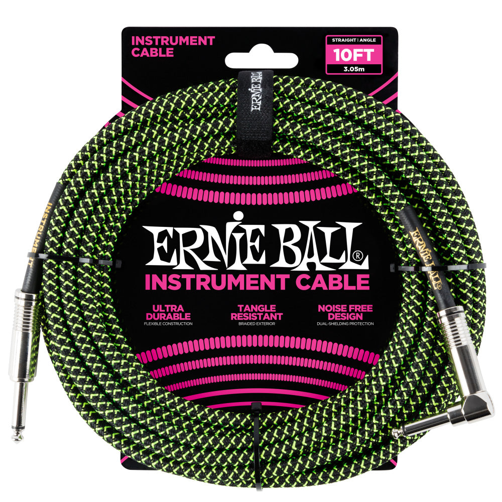 Ernie Ball Braided Instrument Cable Straight/Angle 10’ - Black/Green