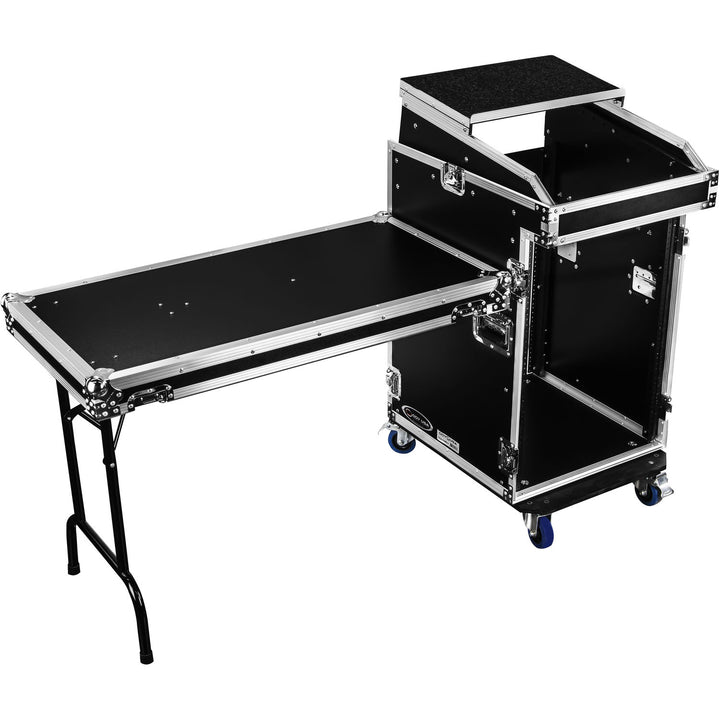 Odyssey FZGS1416WDLX Pro Combo Rack w/ Glide Platform, Side Table & Casters - 14U Over 16U