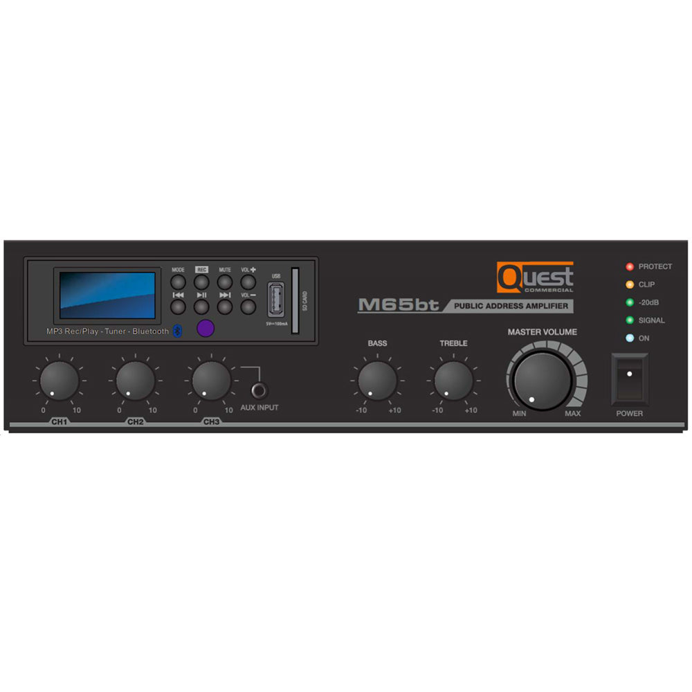 Quest 65BT Mixer Amplifier 4Ω, 8Ω or 25V/70V with Built-in Bluetooth, FM Tuner and Media Player