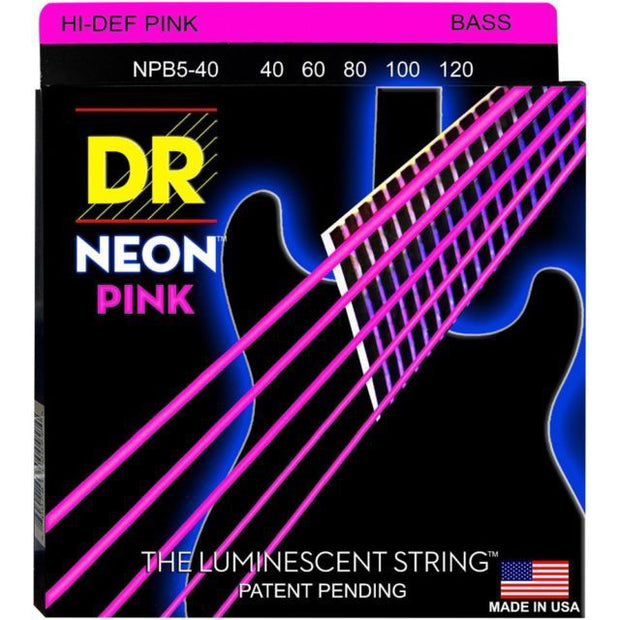 DR Strings NPB5-40 (Light 5's) - Hi-Def NEON PINK: Coated Bass Strings: 40, 60, 80, 100, 120