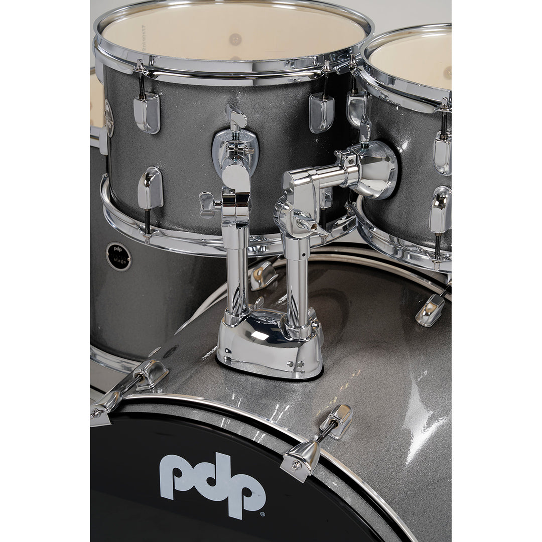 PDP Center Stage 5-Piece Complete Drum Kit w/ Hardware, Cymbals & Throne (7x10, 8x12, 14x16F, 16x22, 5x14 Snare) - Silver Sparkle