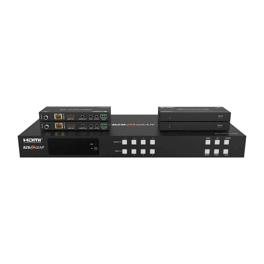 BZBGEAR - 4X4 4K UHD 18Gbps HDMI and HD Base T Matrix Switch with Bi-directional IR/Advance EDID and Downscaling
